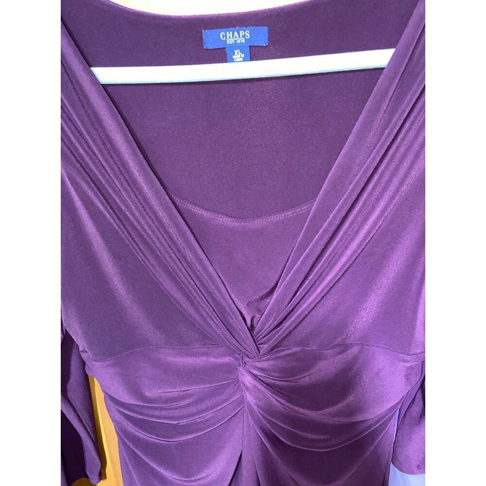 Stretchy‎ Long Sleeve Purple V-neck Faux Wrap Midi Length Dress by Chaps Sz XL - Picture 4 of 4